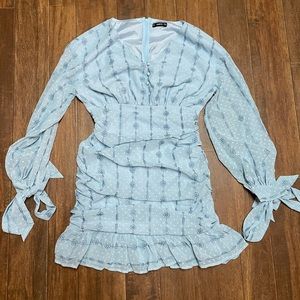 Shein | Light Blue Long Sleeve Mini Dress | Tie Cuff-Ruffle Hem-Ruched tight fit